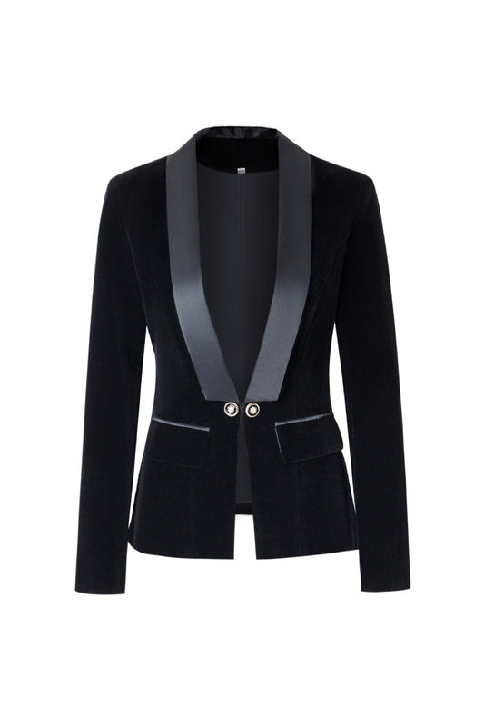  Silky Satin Shawl Collar Plunge Long Sleeve Cinched Waist Velvet Blazer - Blazers - DYAVOR® 
