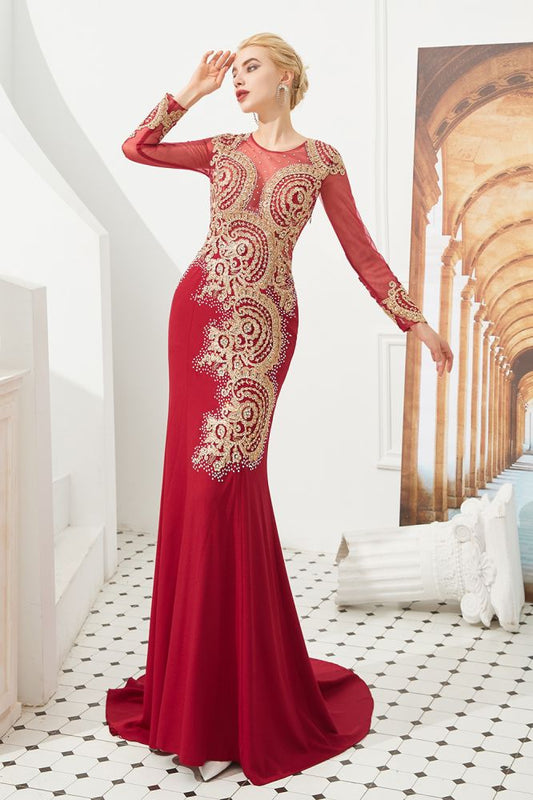  Slim Long Sleeves Gold Appliques Mermaid Evening Gowns Floor Length Event Party Dress - Prom Dresses - DYAVOR® 