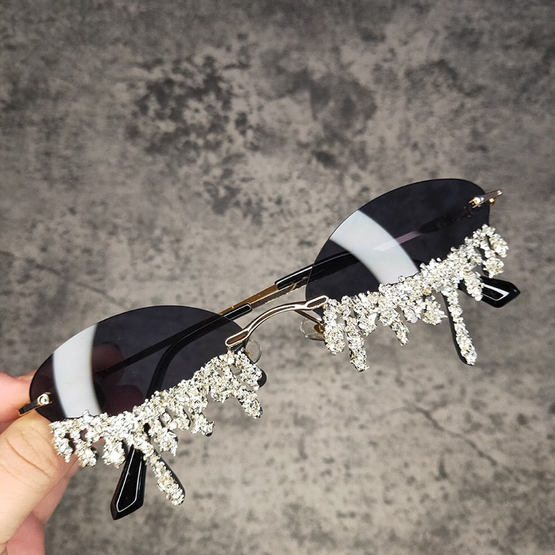  Women's Oval Rimless Tear Shape Rhinestone Punk Diamond Sunglasses - Women Sunglasses - DYAVOR® 