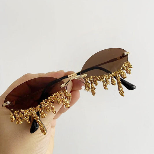  Women's Oval Rimless Tear Shape Rhinestone Punk Diamond Sunglasses - Women Sunglasses - DYAVOR® 