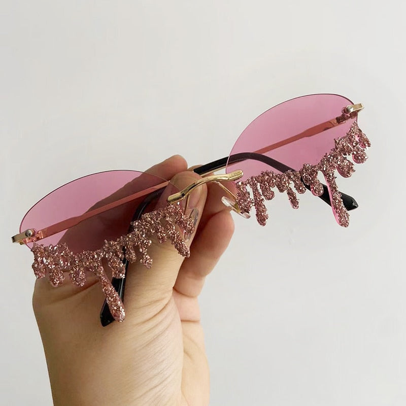  Women's Oval Rimless Tear Shape Rhinestone Punk Diamond Sunglasses - Women Sunglasses - DYAVOR® 