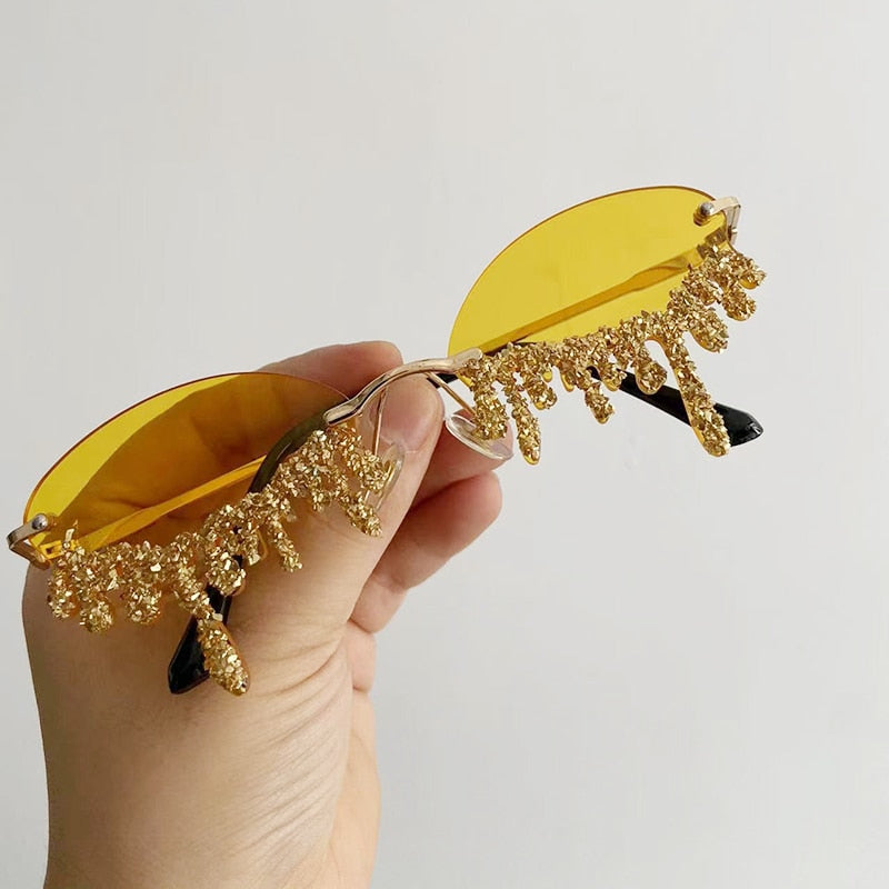  Women's Oval Rimless Tear Shape Rhinestone Punk Diamond Sunglasses - Women Sunglasses - DYAVOR® 