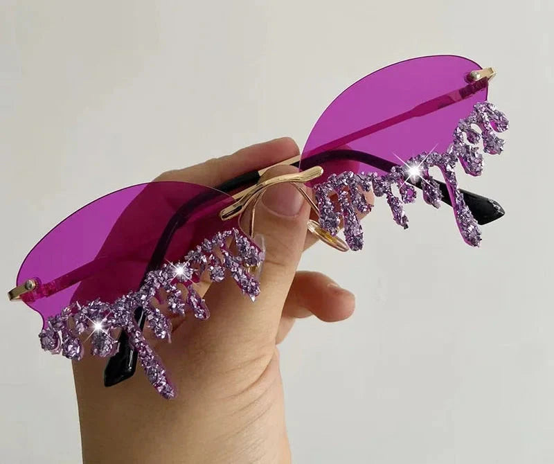  Women's Oval Rimless Tear Shape Rhinestone Punk Diamond Sunglasses - Women Sunglasses - DYAVOR® 