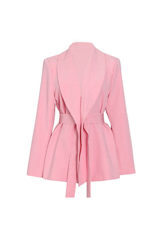  Smart Casual Solid Shawl Collar Shoulder Pad Cinch Waist Belted Blazer - Blazers - DYAVOR® 