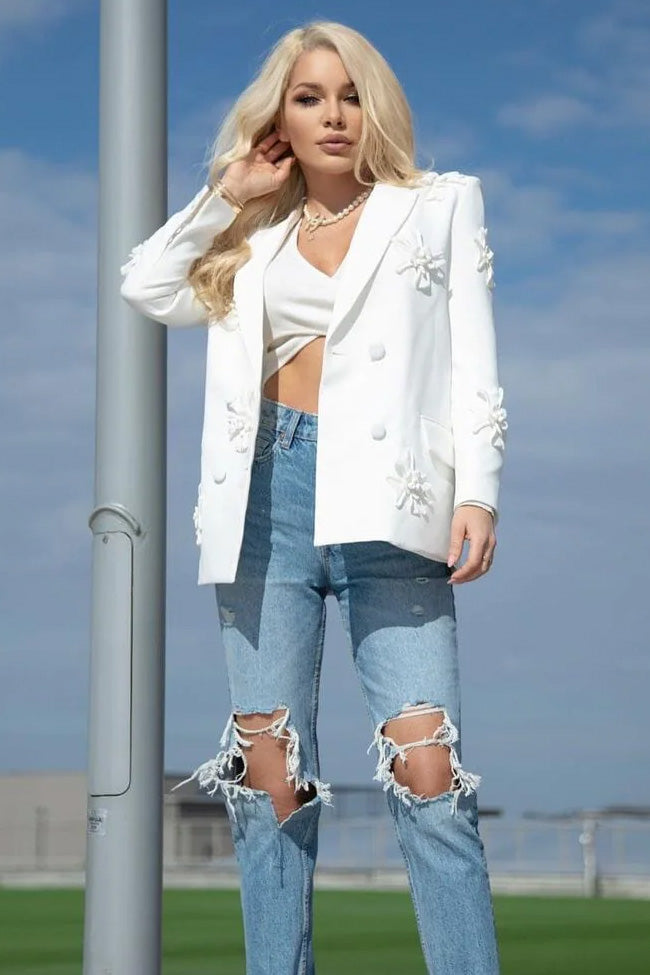  Smart Rosette Appliqué Lapel Collar Long Sleeve Double Breasted Blazer - Blazers - DYAVOR® 