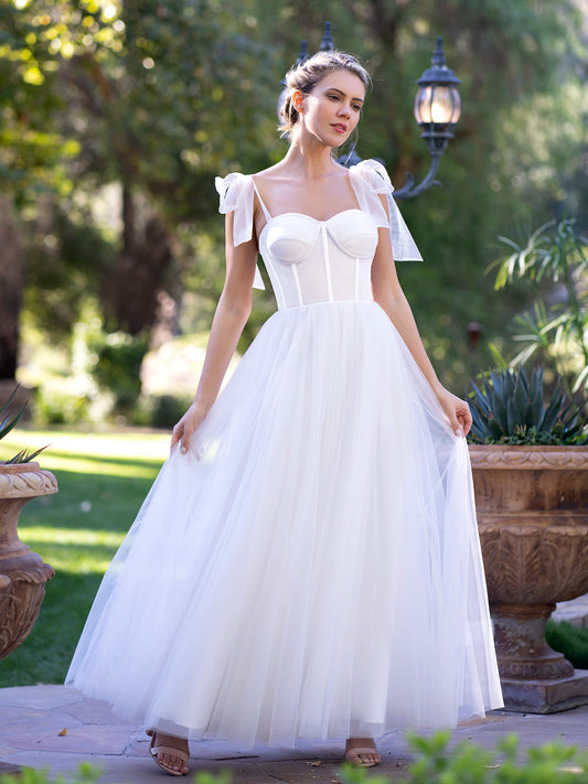  Corset Tulle Bow Spaghetti Straps Floor Length Prom Dress - Prom Dresses - DYAVOR® 