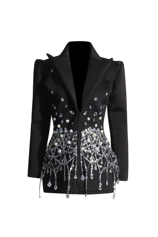  Sparkly Crystal Sequin Fringe Peak Lapel Zip Up Cinched Waist Party Blazer - Blazers - DYAVOR® 