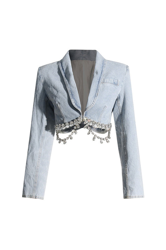  Sparkly Dangled Diamante Frayed Hem Shawl Collar Cropped Denim Jacket - Denim - DYAVOR® 