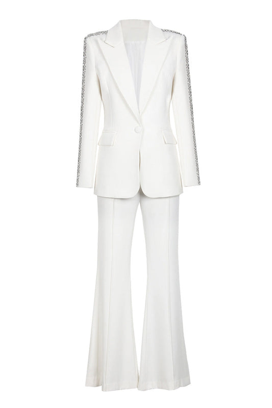  Sparkly Diamante Lapel Cinch Waist High Rise Flared Pant Two Piece Blazer Set - Matching Sets - DYAVOR® 