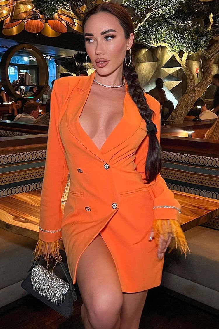  Sparkly Feather Trim Long Sleeve Cutout Back Blazer Mini Dress - Orange - Blazer - DYAVOR® 