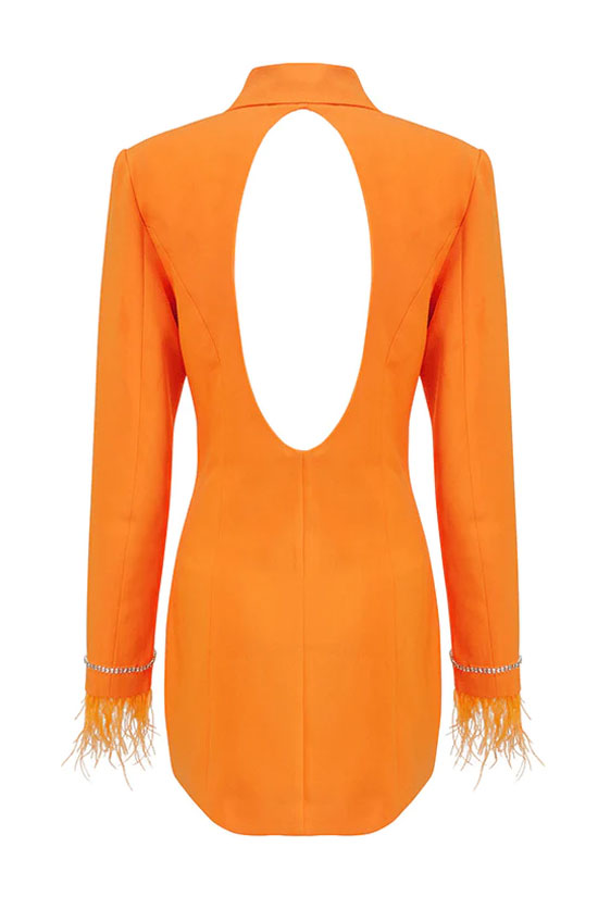  Sparkly Feather Trim Long Sleeve Cutout Back Blazer Mini Dress - Orange - Blazer - DYAVOR® 