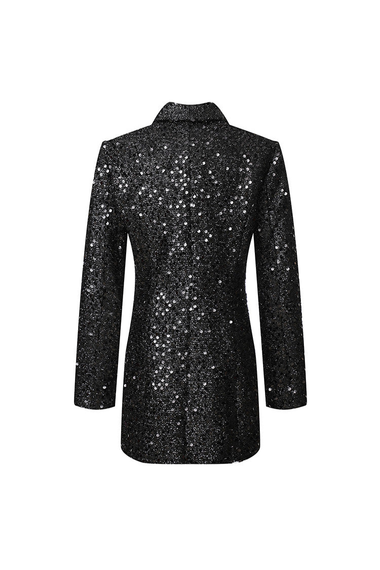 Sparkly Lapel Long Sleeve Double Breasted Longline Sequin Party Blazer - Blazers - DYAVOR® 