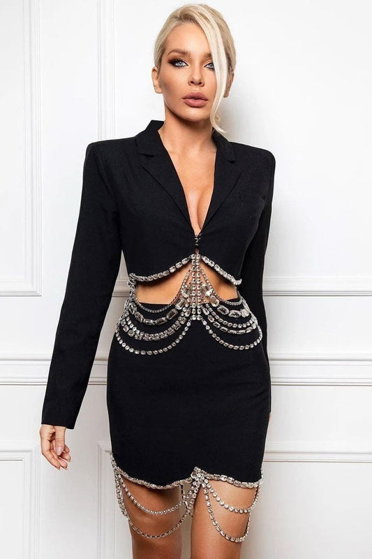  Sparkly Layered Rhinestone Crop Blazer Two Piece Mini Dress - Black - Two Piece - DYAVOR® 