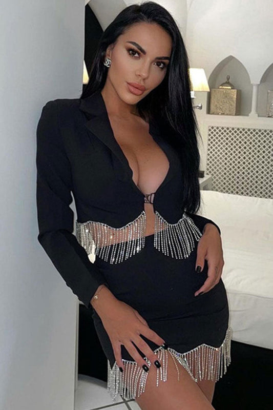  Sparkly Rhinestone Fringe Crop Blazer High Waist Skirt Two Piece Mini Dress - Black - Two Piece - DYAVOR® 