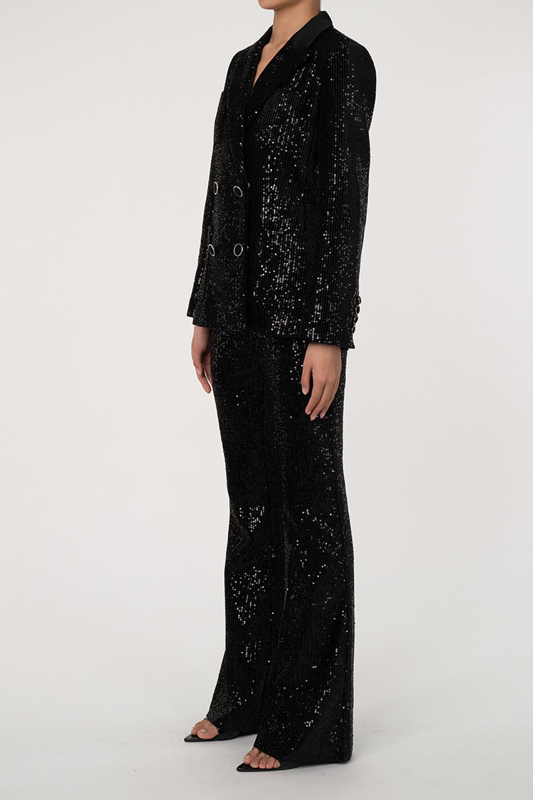  Sparkly Sequin Double Breasted High Waist Flared Pant Two Piece Blazer Set - Matching Sets - DYAVOR® 