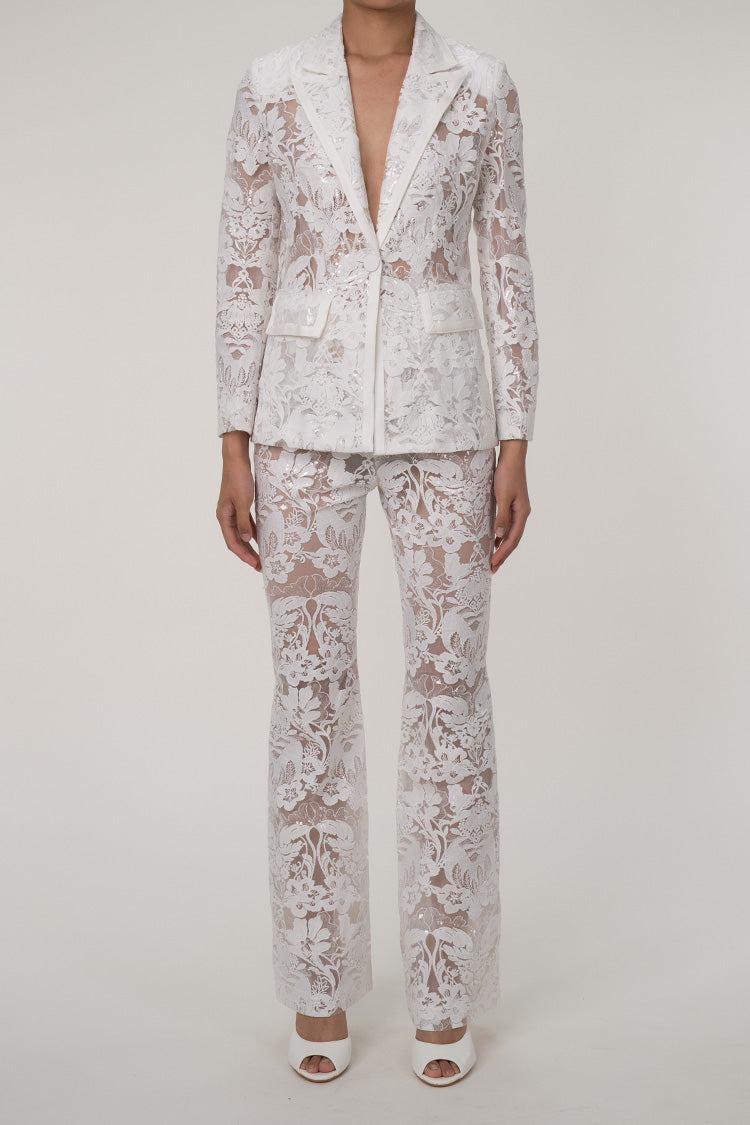  Sparkly Sequin Floral Embroidered Flared Pants Two Piece Sheer Blazer Set - Matching Sets - DYAVOR® 