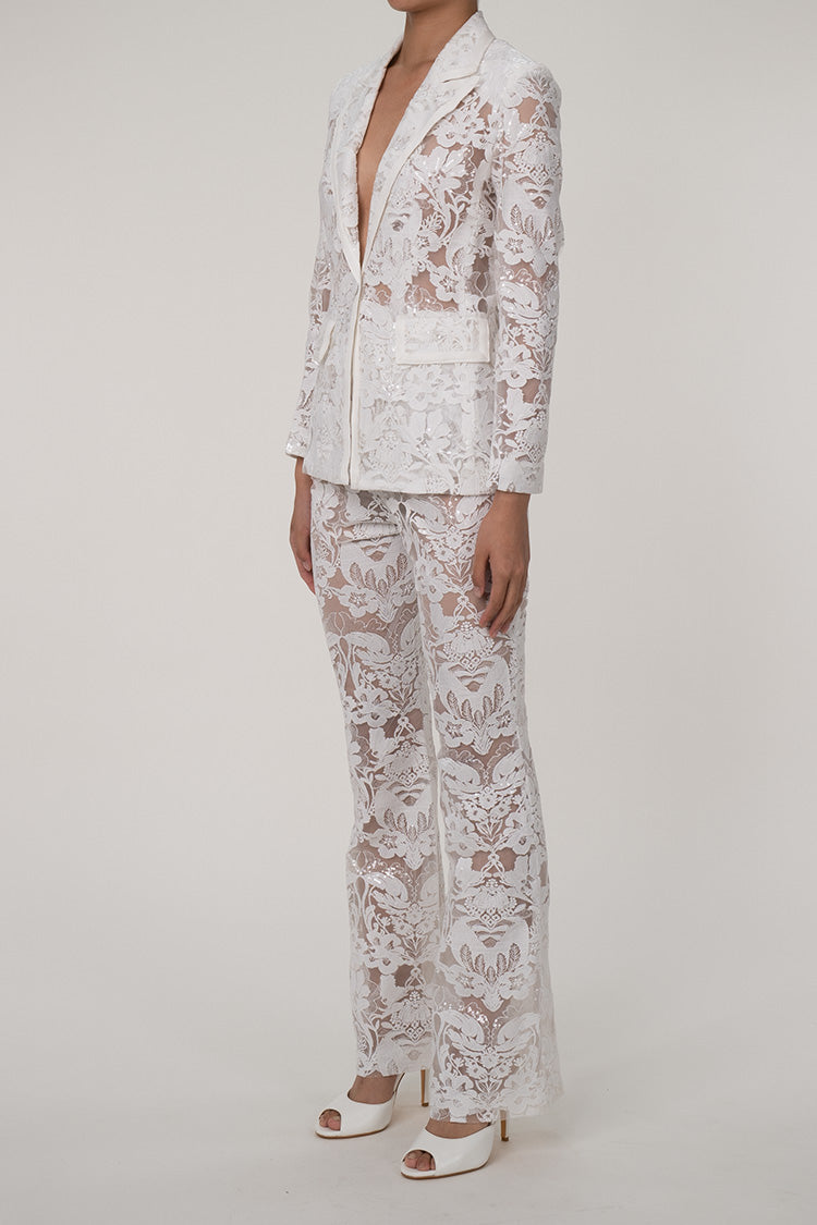  Sparkly Sequin Floral Embroidered Flared Pants Two Piece Sheer Blazer Set - Matching Sets - DYAVOR® 