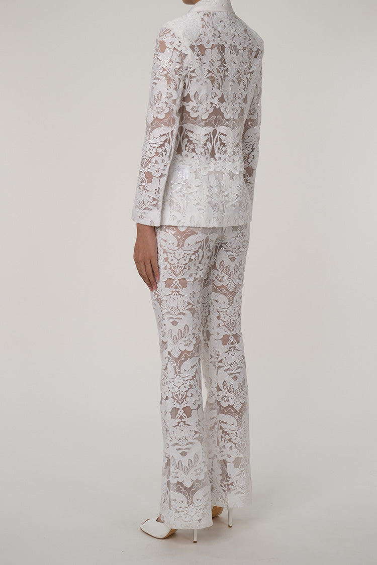  Sparkly Sequin Floral Embroidered Flared Pants Two Piece Sheer Blazer Set - Matching Sets - DYAVOR® 