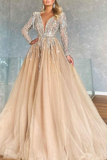  Sparkly V-neck A-line Long Sleeves Ball Gown Prom Dresses With Beads - Prom Dresses - DYAVOR® 