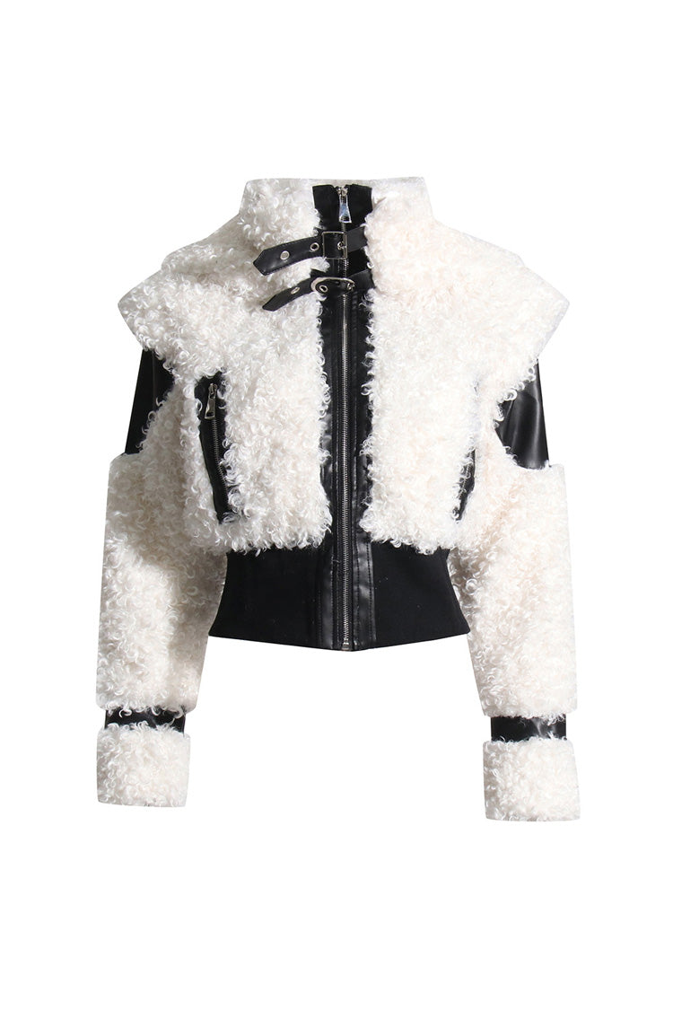  Street Leather Panel High Neck Zip Up Faux Shearling Bomber Jacket - Coats - DYAVOR® 