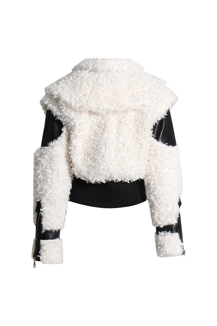  Street Leather Panel High Neck Zip Up Faux Shearling Bomber Jacket - Coats - DYAVOR® 