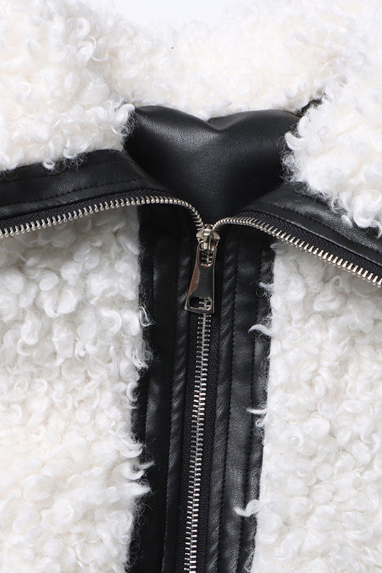  Street Leather Panel High Neck Zip Up Faux Shearling Bomber Jacket - Coats - DYAVOR® 
