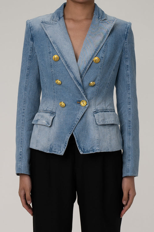  Structural Shoulder Pad Lapel Double Breasted Cinch Waist Faded Denim Blazer - Denim - DYAVOR® 