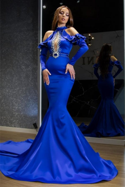  Stunning Halter Royal Blue Evening Party Dress Satin Mermaid Prom Dress - Prom Dresses - DYAVOR® 