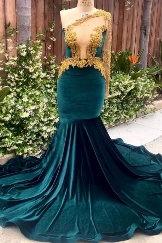  Stunning One Shoulder Dark Green Mermaid Prom Dress 3D Gold Embellishment Bodycon Party Dress - Prom Dresses - DYAVOR® 