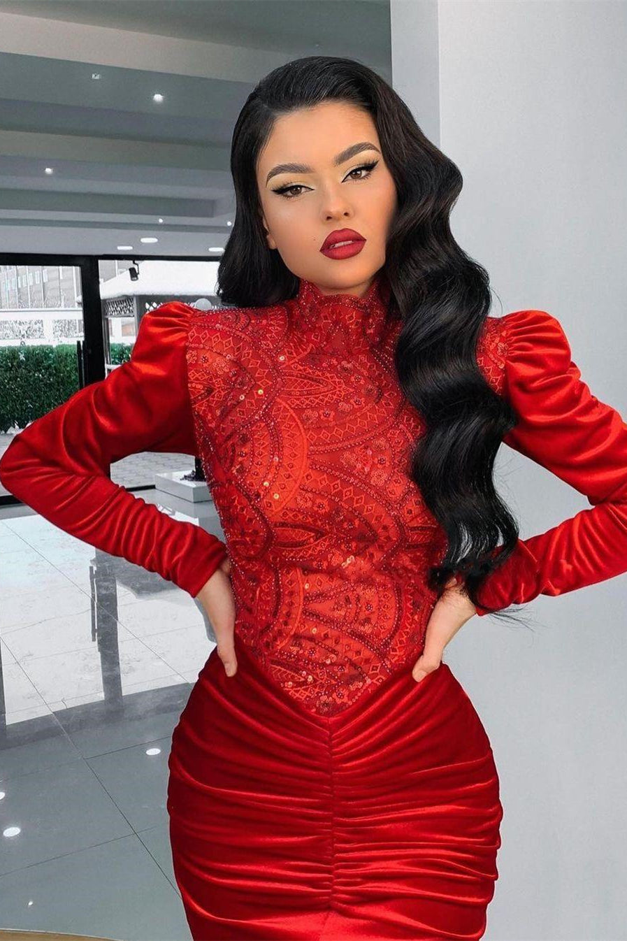  Stunning Red Velvet High Neck Mermaid Prom Dress Long Sleeves - Prom Dresses - DYAVOR® 