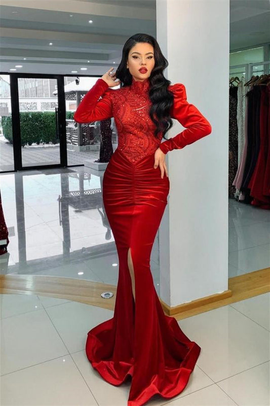  Stunning Red Velvet High Neck Mermaid Prom Dress Long Sleeves - Prom Dresses - DYAVOR® 