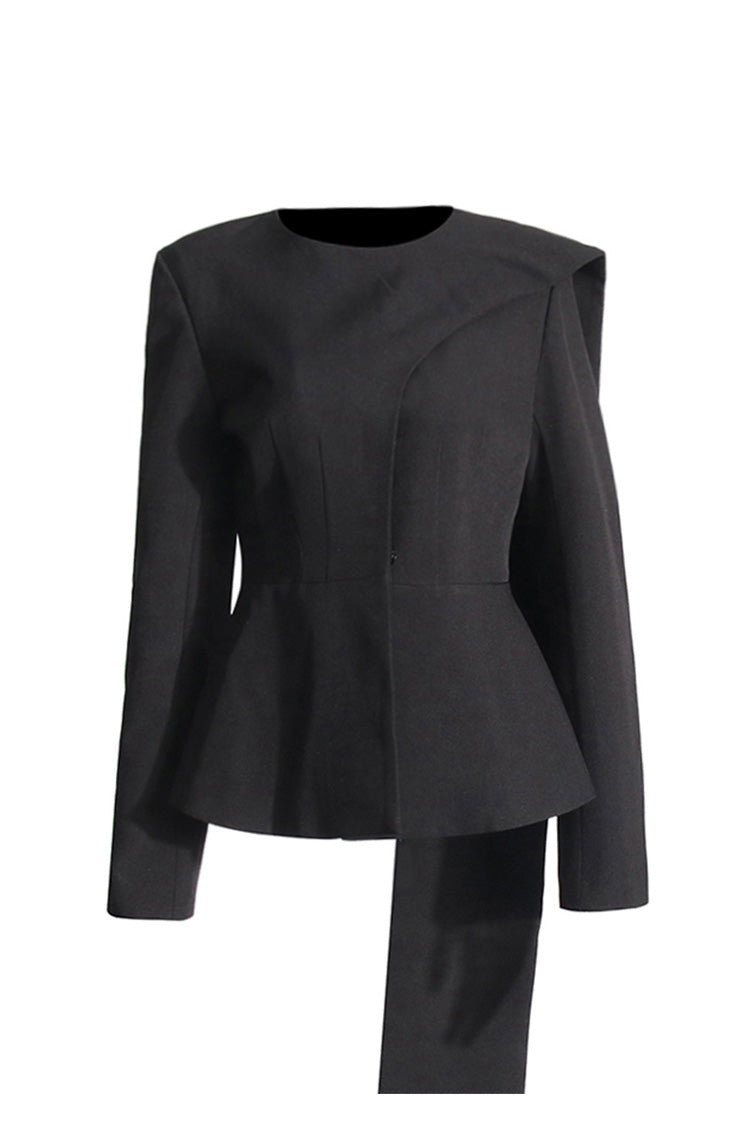  Stylish Crew Neck Draped Scarf Long Sleeve Cinch Waist Peplum Blazer - Blazers - DYAVOR® 