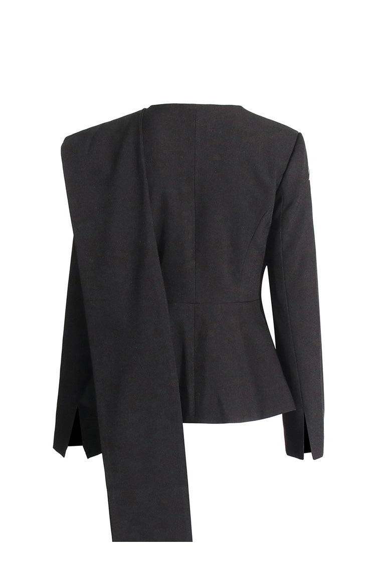  Stylish Crew Neck Draped Scarf Long Sleeve Cinch Waist Peplum Blazer - Blazers - DYAVOR® 