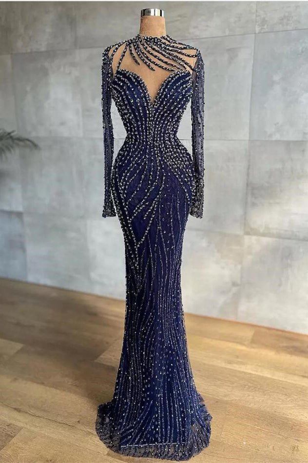  Stylish High Neck Navy Mermaid Evening Dress with Detachable Tulle Train Crystals Beads Long Prom Dress - Prom Dresses - DYAVOR® 