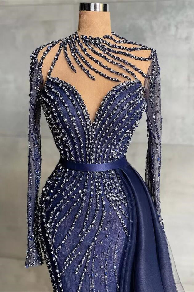  Stylish High Neck Navy Mermaid Evening Dress with Detachable Tulle Train Crystals Beads Long Prom Dress - Prom Dresses - DYAVOR® 