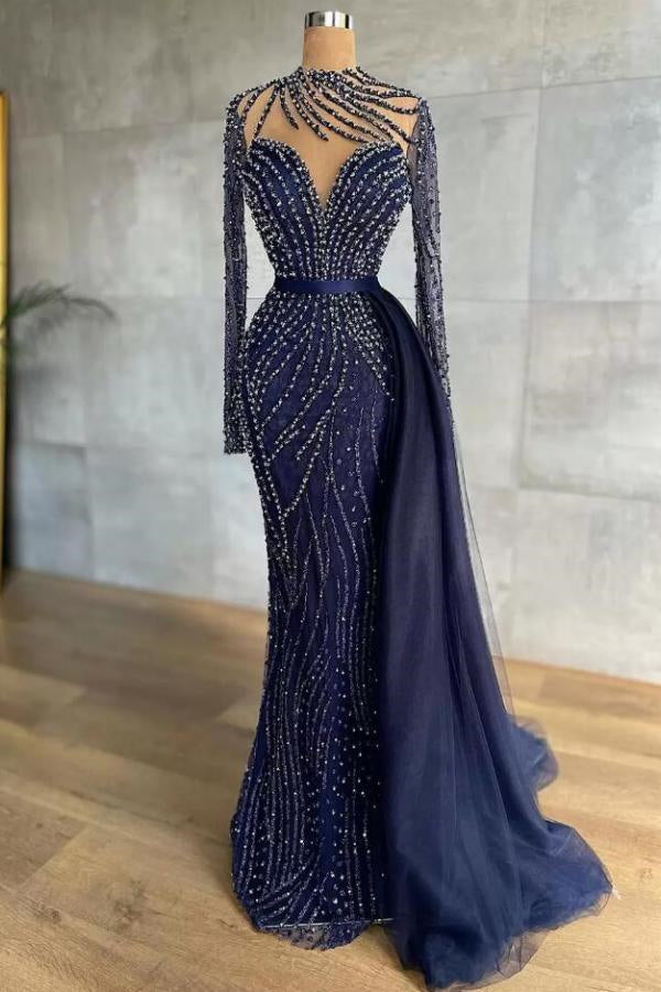  Stylish High Neck Navy Mermaid Evening Dress with Detachable Tulle Train Crystals Beads Long Prom Dress - Prom Dresses - DYAVOR® 