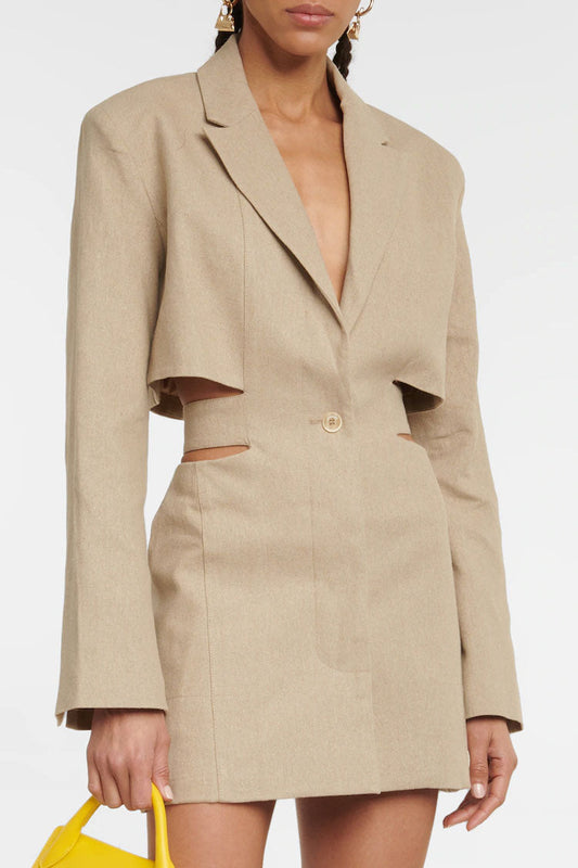  Stylish Long Sleeve Single Breasted Cutout Blazer Mini Dress - Apricot - Blazer - DYAVOR® 