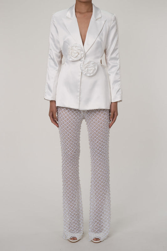  Sumptuous Beaded Cut Out Sheer Sequin Pant Two Piece Rosette Blazer Set - Matching Sets - DYAVOR® 