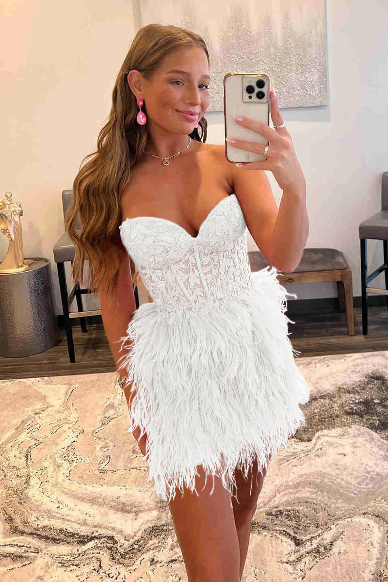  Amina |Sheath Sweetheart Lace Feather Skirt Homecoming Dress - Homecoming Dress - DYAVOR® 