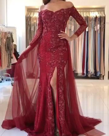  Sweetheart Lace-Appliques Front-Split Newest Long-Sleeve Mermaid Prom Dress - Prom Dresses - DYAVOR® 