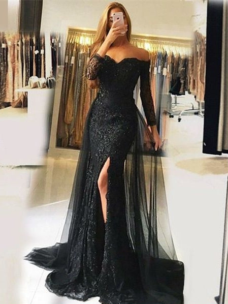  Sweetheart Lace-Appliques Front-Split Newest Long-Sleeve Mermaid Prom Dress - Prom Dresses - DYAVOR® 