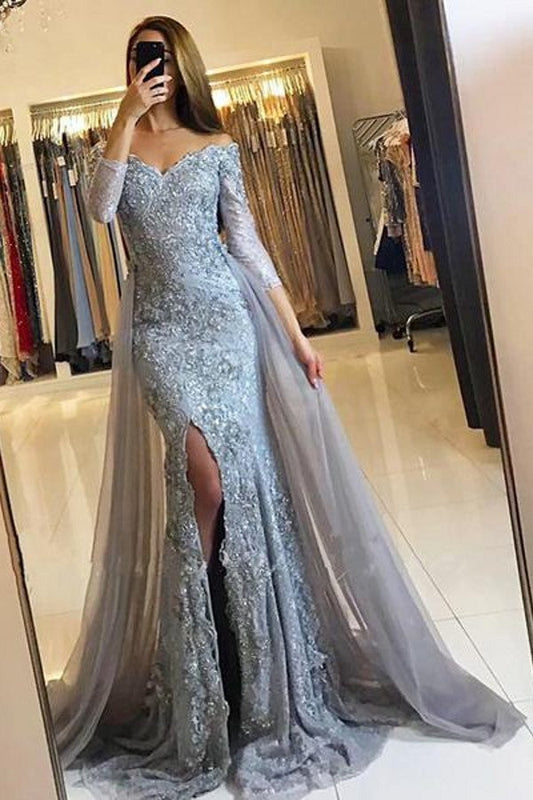  Sweetheart Lace-Appliques Front-Split Newest Long-Sleeve Mermaid Prom Dress - Prom Dresses - DYAVOR® 