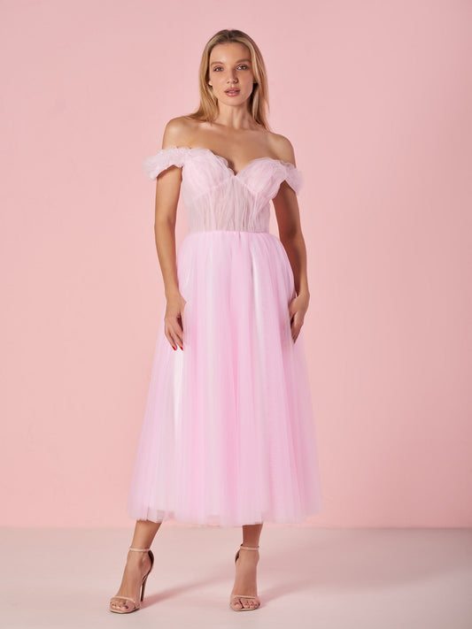  Sweetheart Neck Off the Shoulder Tea Length Tulle Prom Dress - Prom Dresses - DYAVOR® 