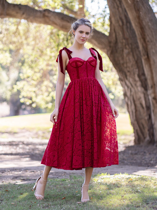  Corset Bow Straps Tea Length Lace Prom Dress - Prom Dresses - DYAVOR® 
