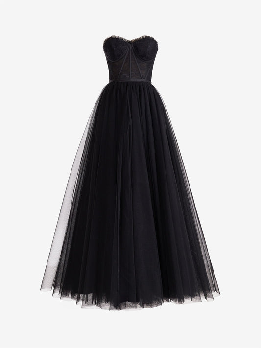  Talia | Black A Line Sweetheart Corset Tulle Prom Dress with Slit - Prom Dress - DYAVOR® 