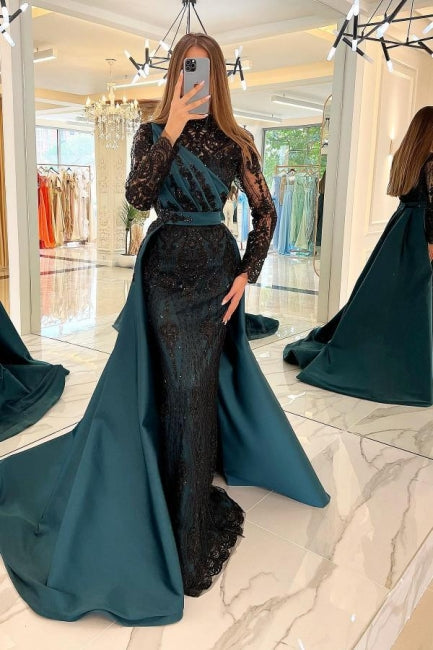  Turkish Mermaid High Neck Long Sleeves Evening Dresses With Black Lace - Prom Dresses - DYAVOR® 