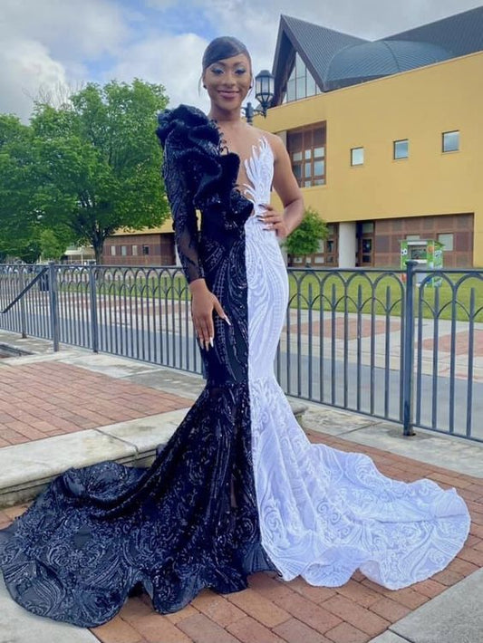  Unique Bicolor V-neck One Shoulder Long Sleeve Column Mermaid Prom Dresses - Prom Dresses - DYAVOR® 