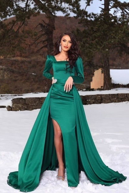  Unique Green Square Long-Sleeve A-Line Floor-Length Satin Prom Dresses with Ruffles - Prom Dresses - DYAVOR® 