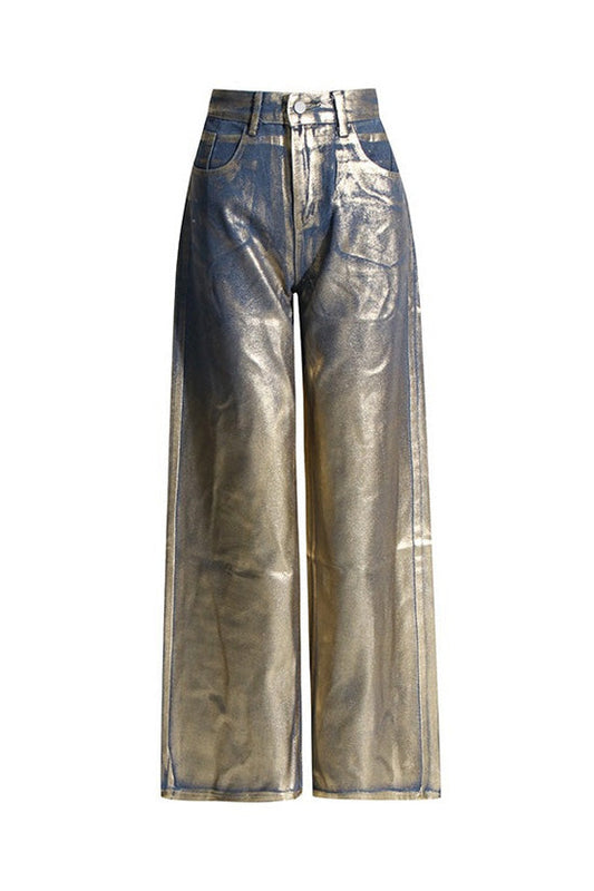  Unique Metallic Foil Coated Blue and Gold High Waist Wide Leg Baggy Jeans - Denim - DYAVOR® 