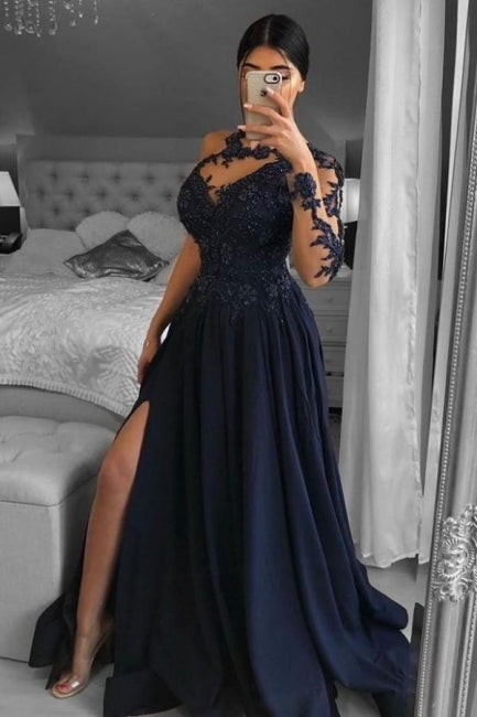  Unique One-shoulder Long-Sleeve A-Line Floor-Length Chiffon Prom Dresses with Appliques - Prom Dresses - DYAVOR® 